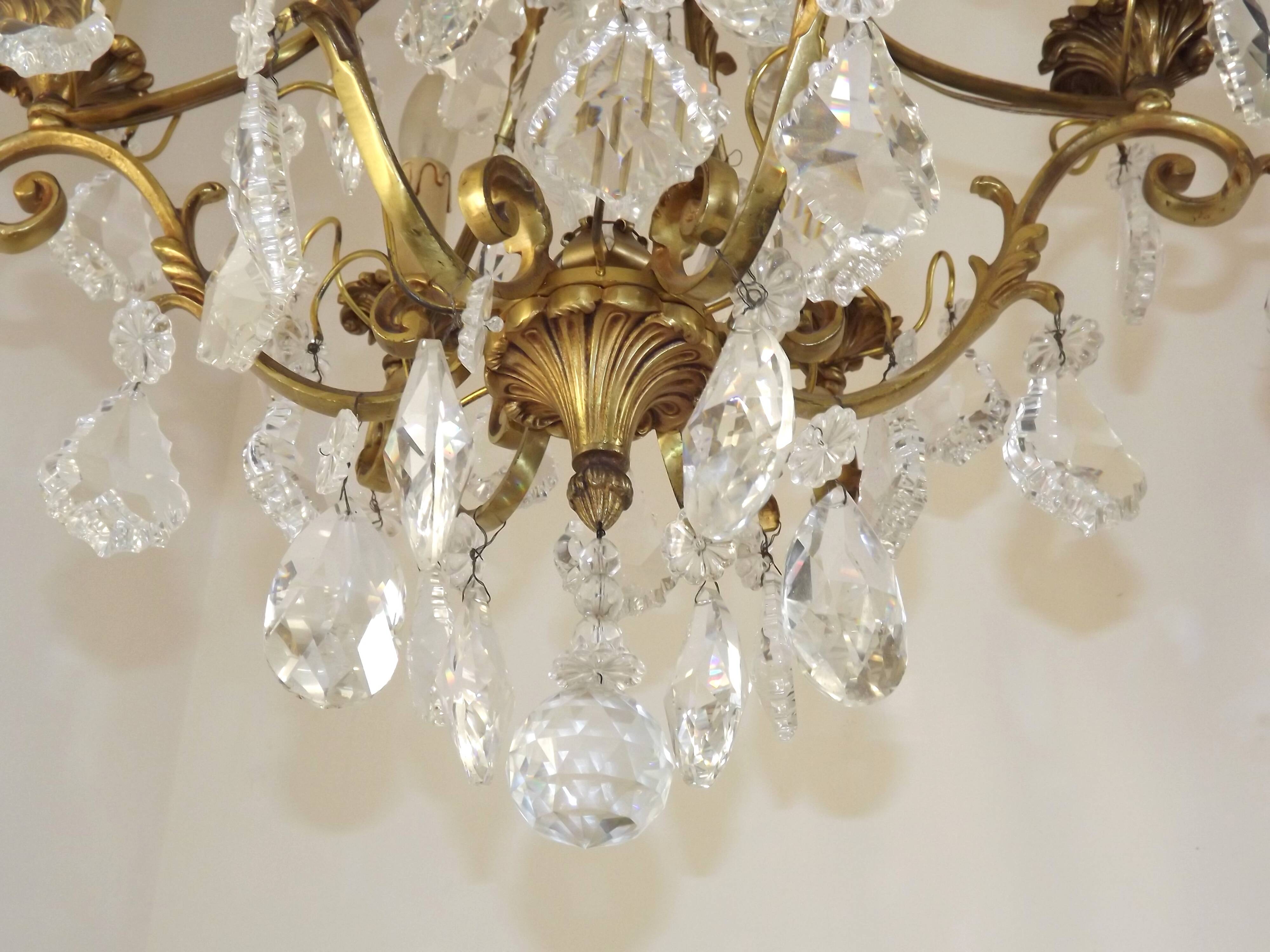 French Art Nouveau chandelier with 6 lights in bronze and crystal Acanthus 5552