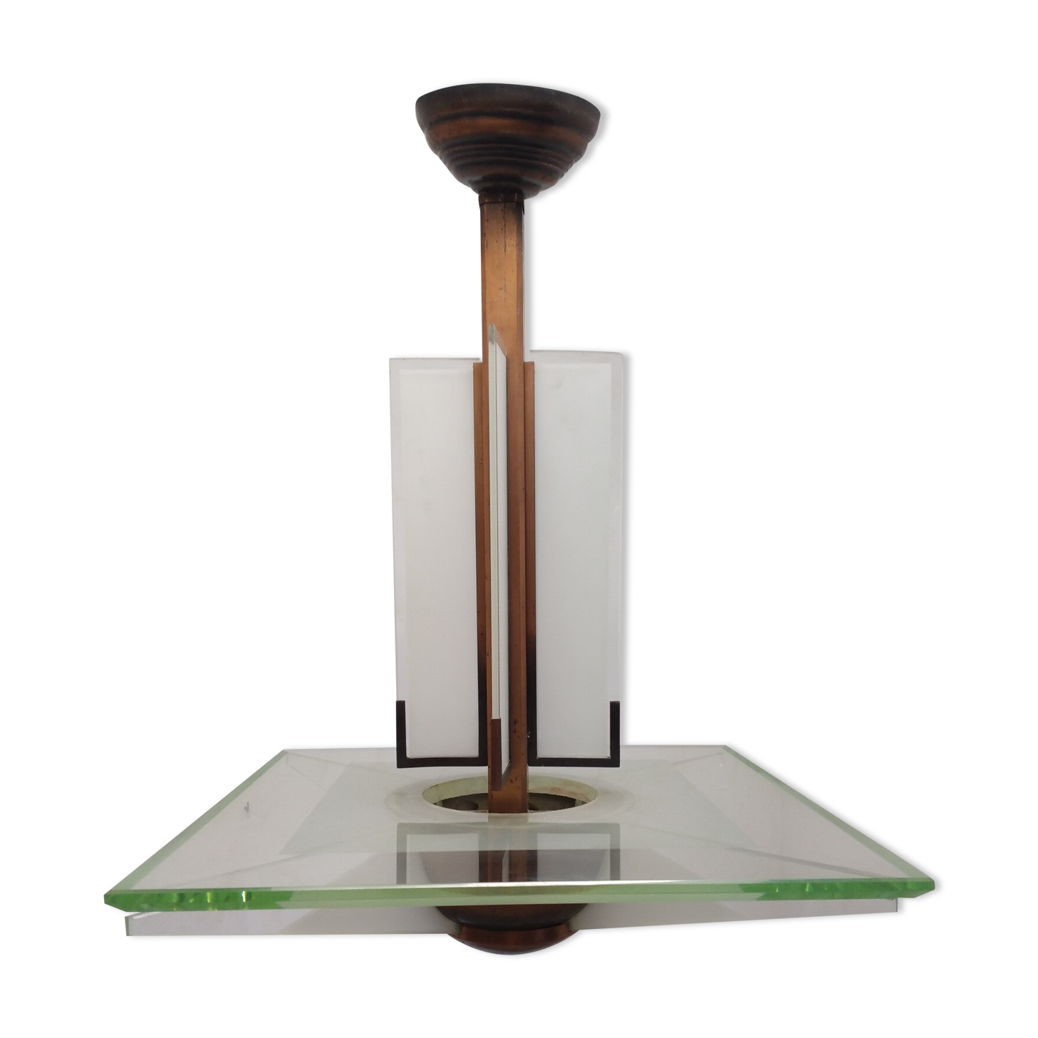 Modernist art deco chandelier/pendant lamp in glass and metal