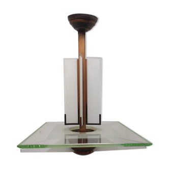 Modernist art deco chandelier/pendant lamp in glass and metal
