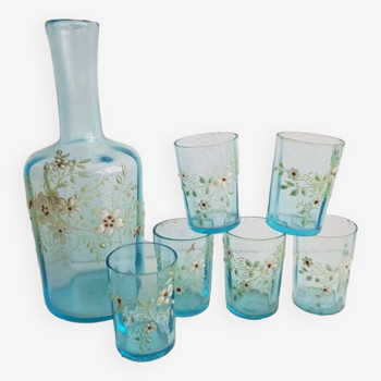 Service à liqueur période Napoléon III en verre avec motifs floraux émaillés