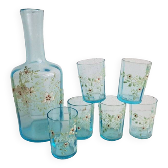 Service à liqueur période Napoléon III en verre avec motifs floraux émaillés