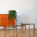 Set of three nesting coffee tables, gilt brass with beveled glass tops, 1980