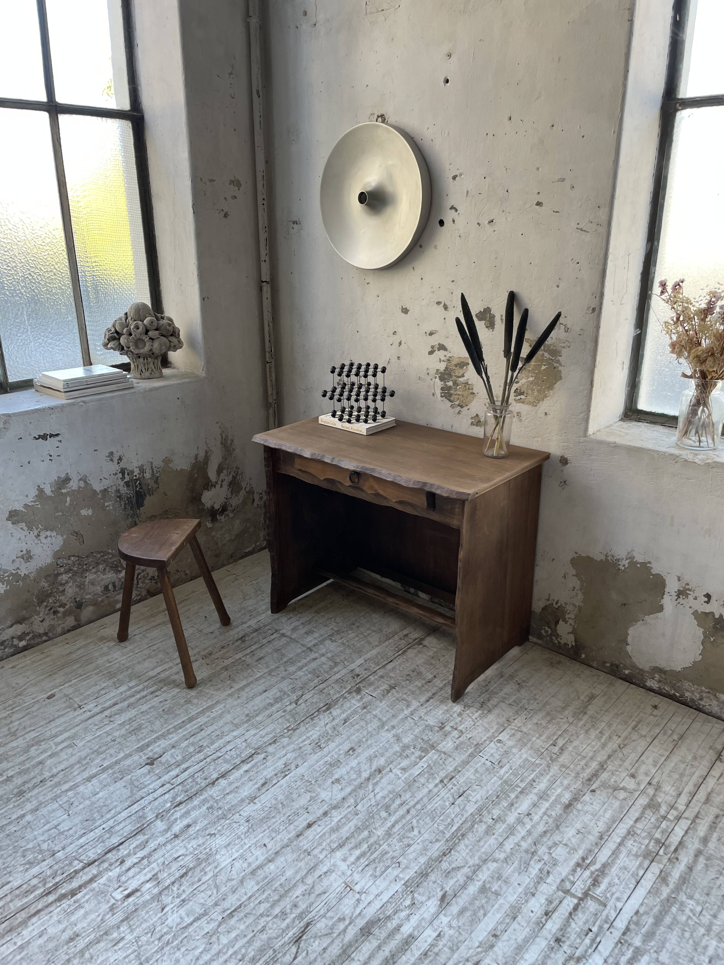 Brutalist desk in elm, signed Aranjou.