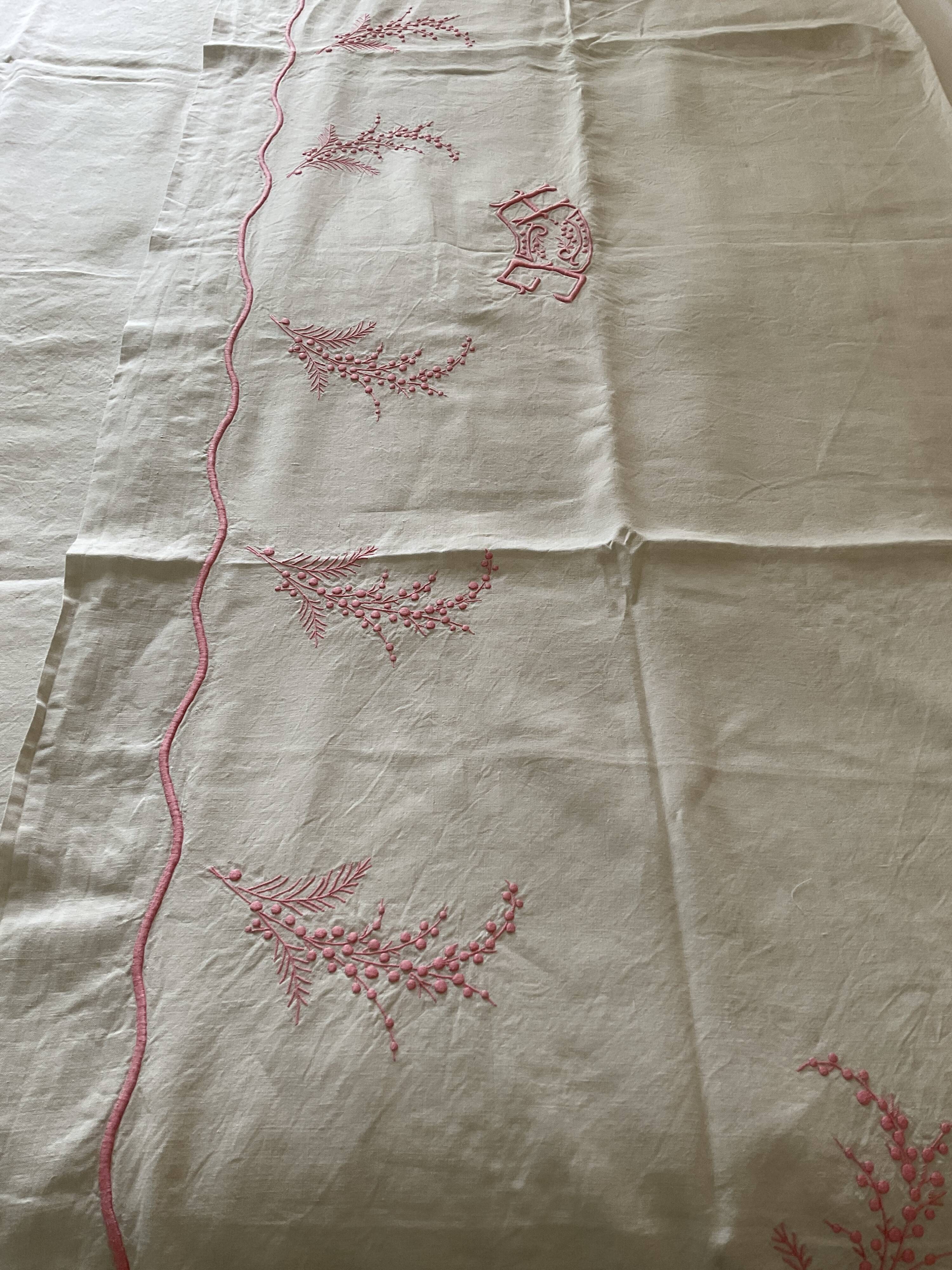 Antique linen sheet with hand-embroidered HG monogram