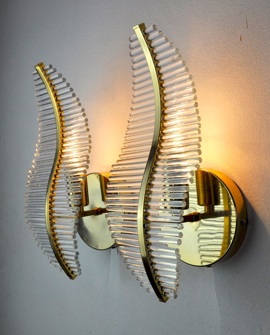 Pair of floral wall lamps Venini dorée, Murano, tubular glasses, Italy, 1970