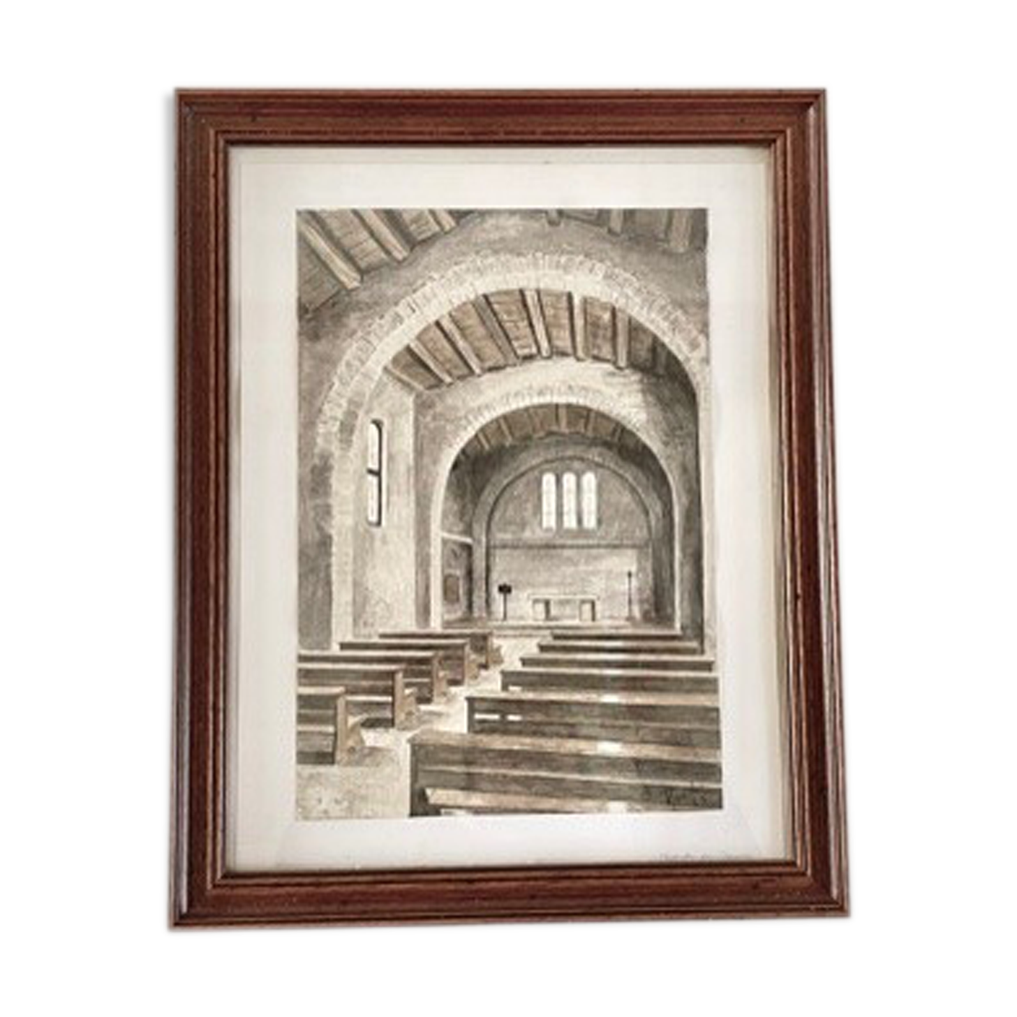 Tableau ancien aquarelle intérieur chapelle sur papier
