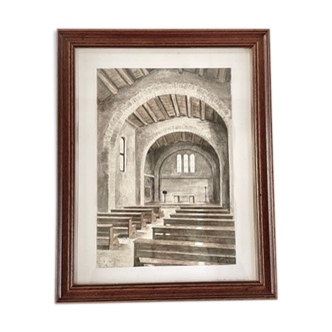 Old watercolor painting interior chapel on paper