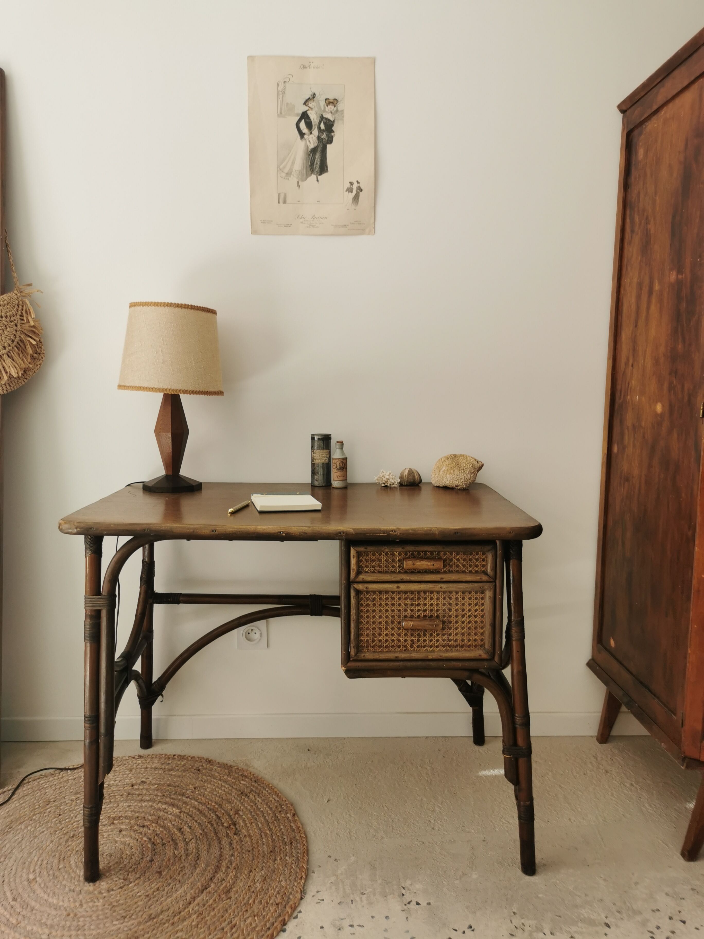 Rattan desk and vintage canning