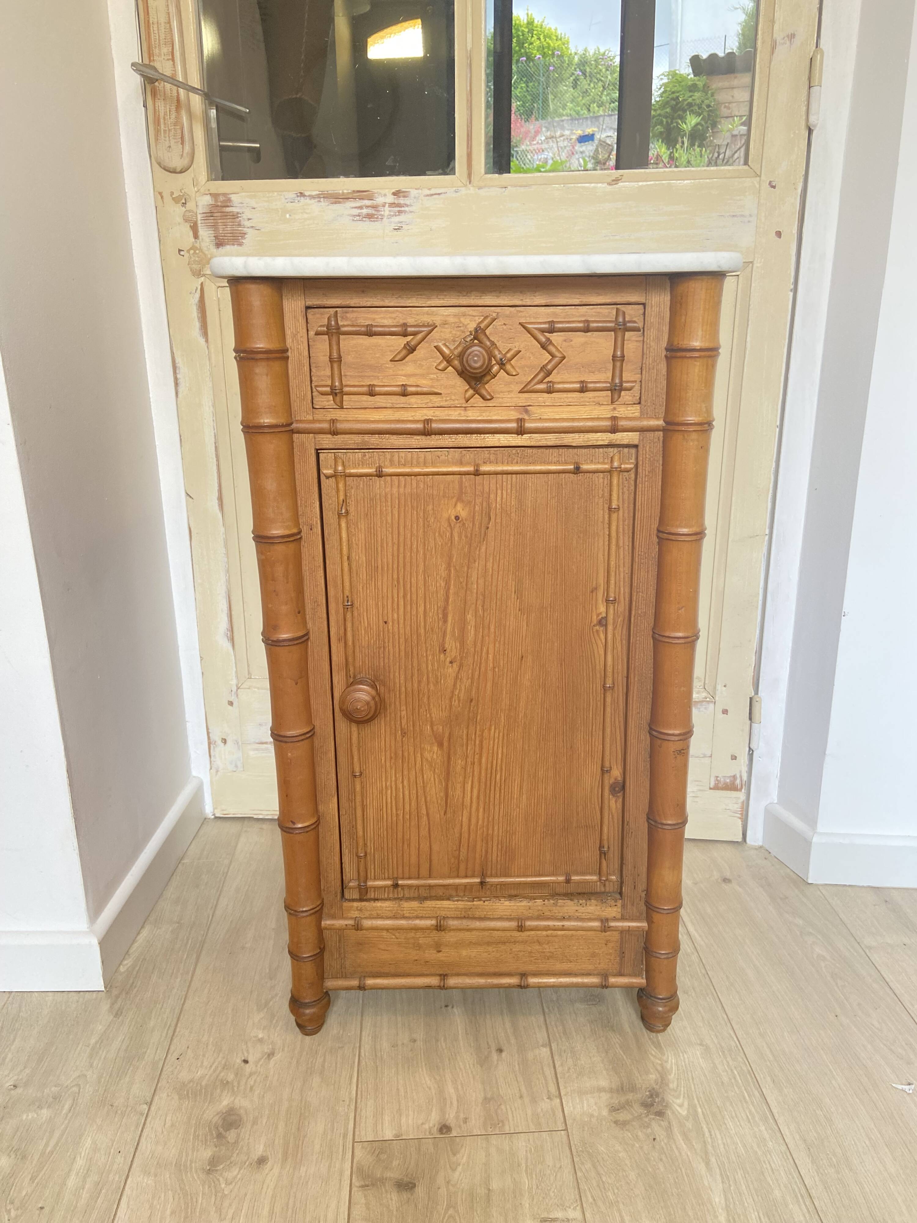 Bedside table / nightstand in pitchpin pine wood and bamboo with marble top