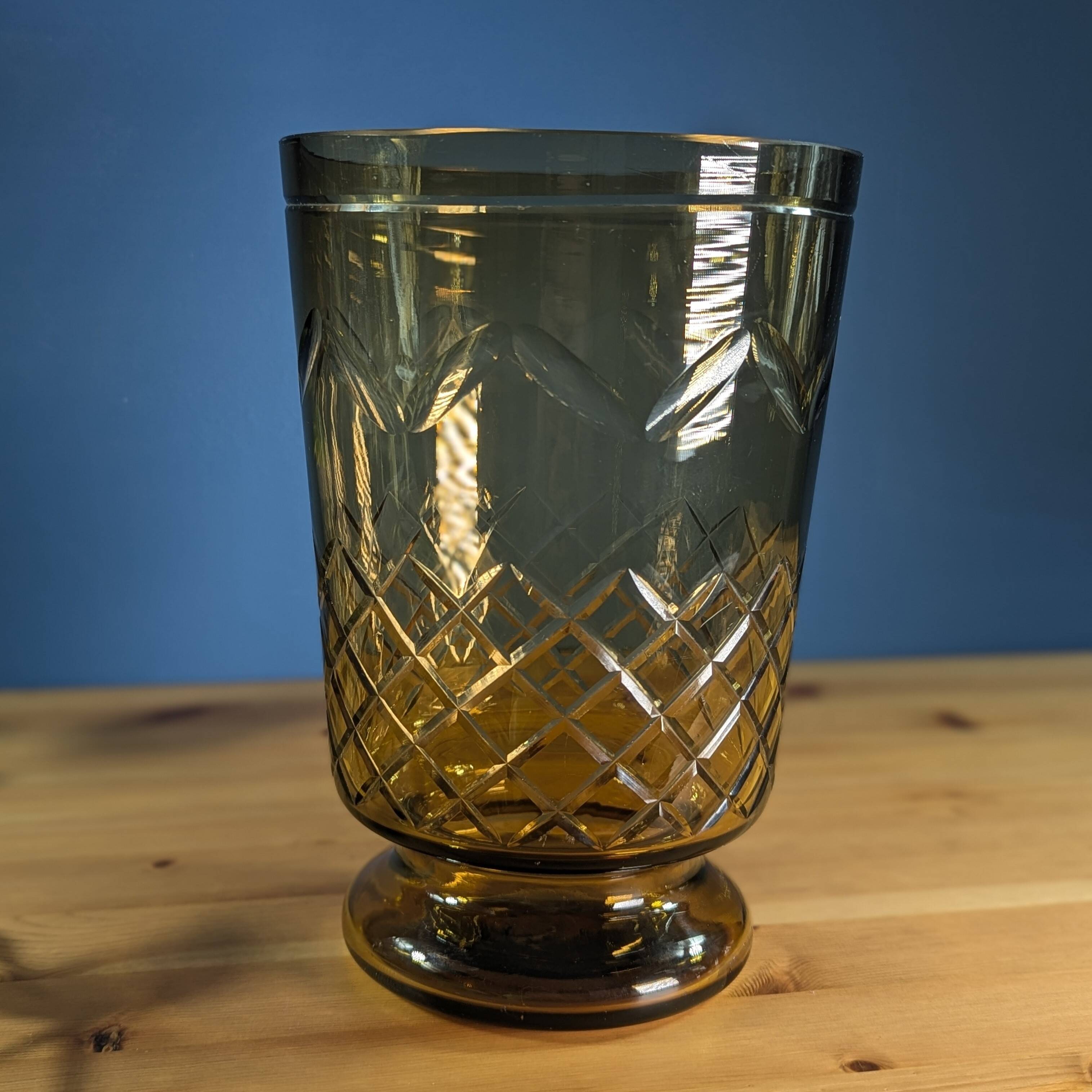 Brown smoked glass candle holder vase, height 23.5cm, geometric decoration