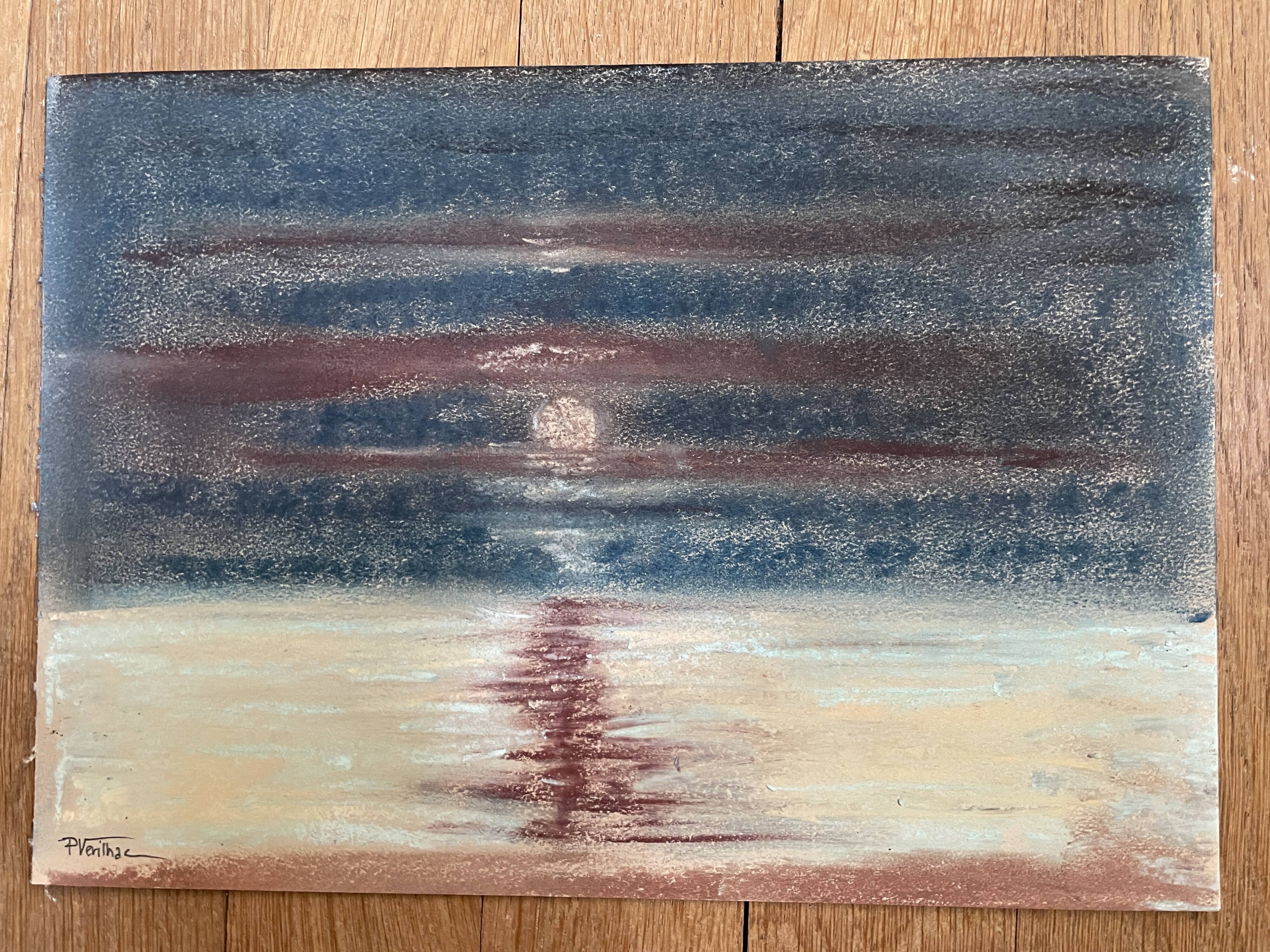 Signed pastel painting "sunset" Normandy