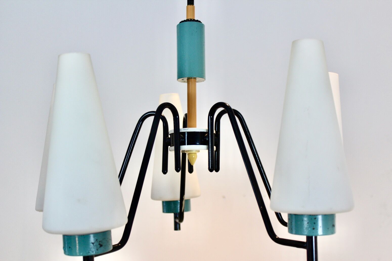 Dutch suspension lamp in wood steel and opaline glass