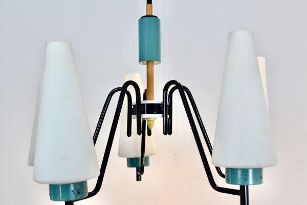 Suspension hollandaise en acier bois et verre opalin