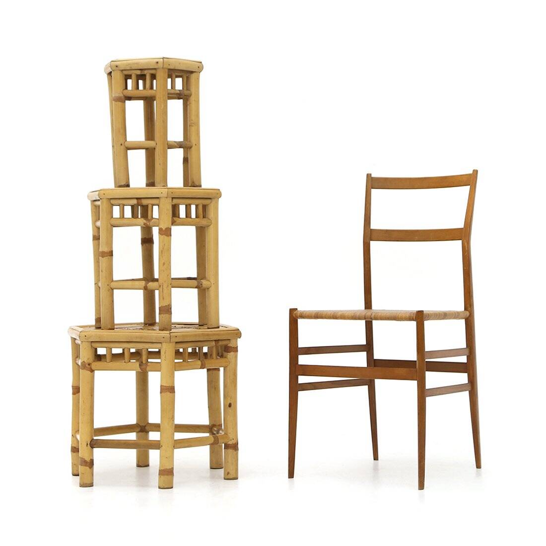 Rattan coffee tables with hexagonal tops, 1970s, set of 3.