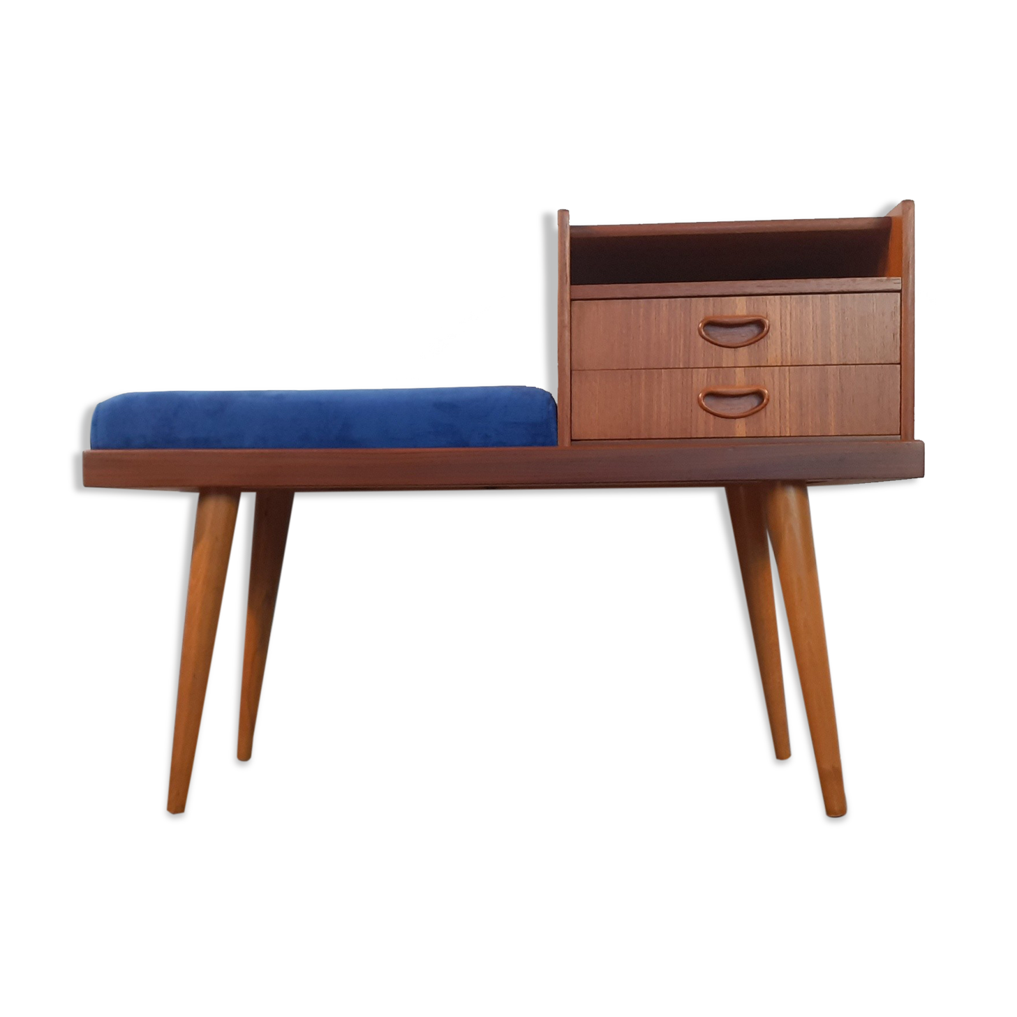Bench Norwegian Phone Teak and blue fabric, Vintage Scandinavian 1970s