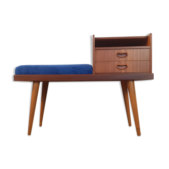 Bench Norwegian Phone Teak and blue fabric, Vintage Scandinavian 1970s