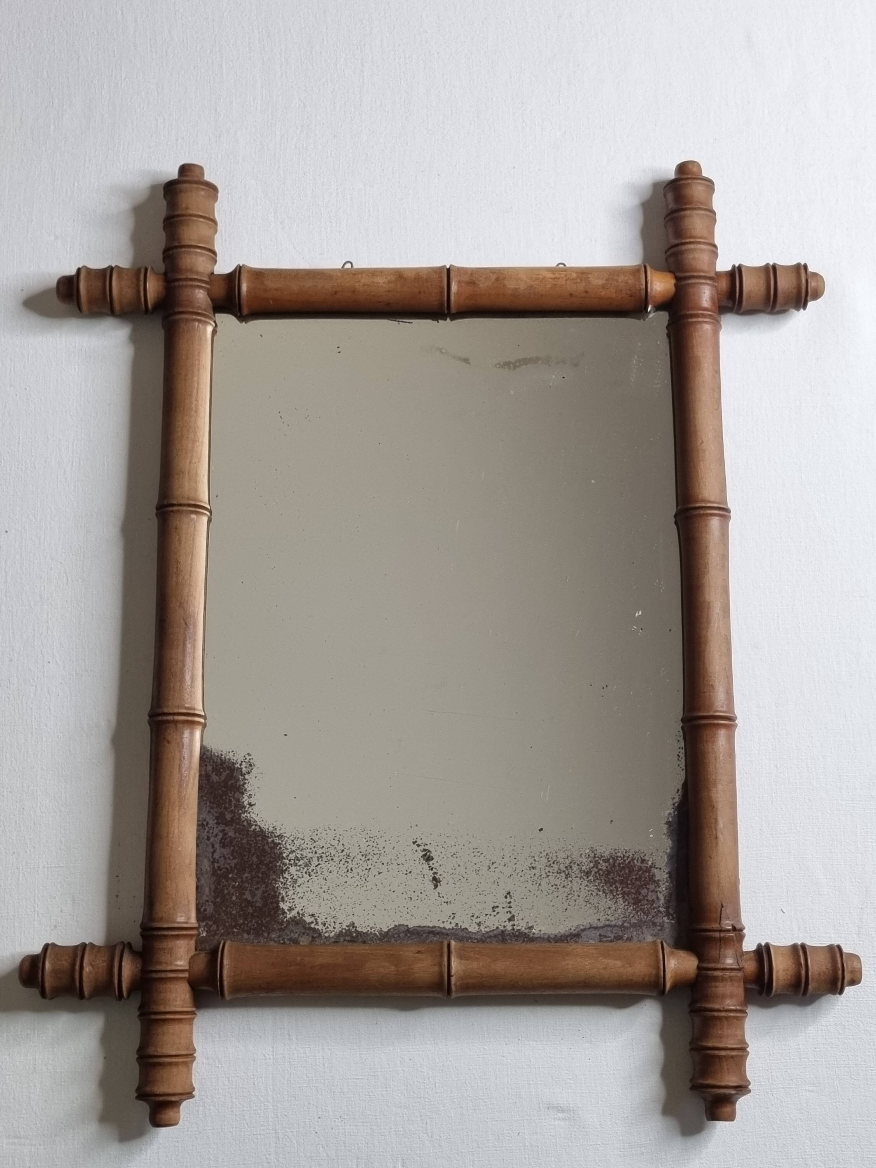 Antique bamboo style mirror, altered wood, turned, late 19th century, 50x42 cm