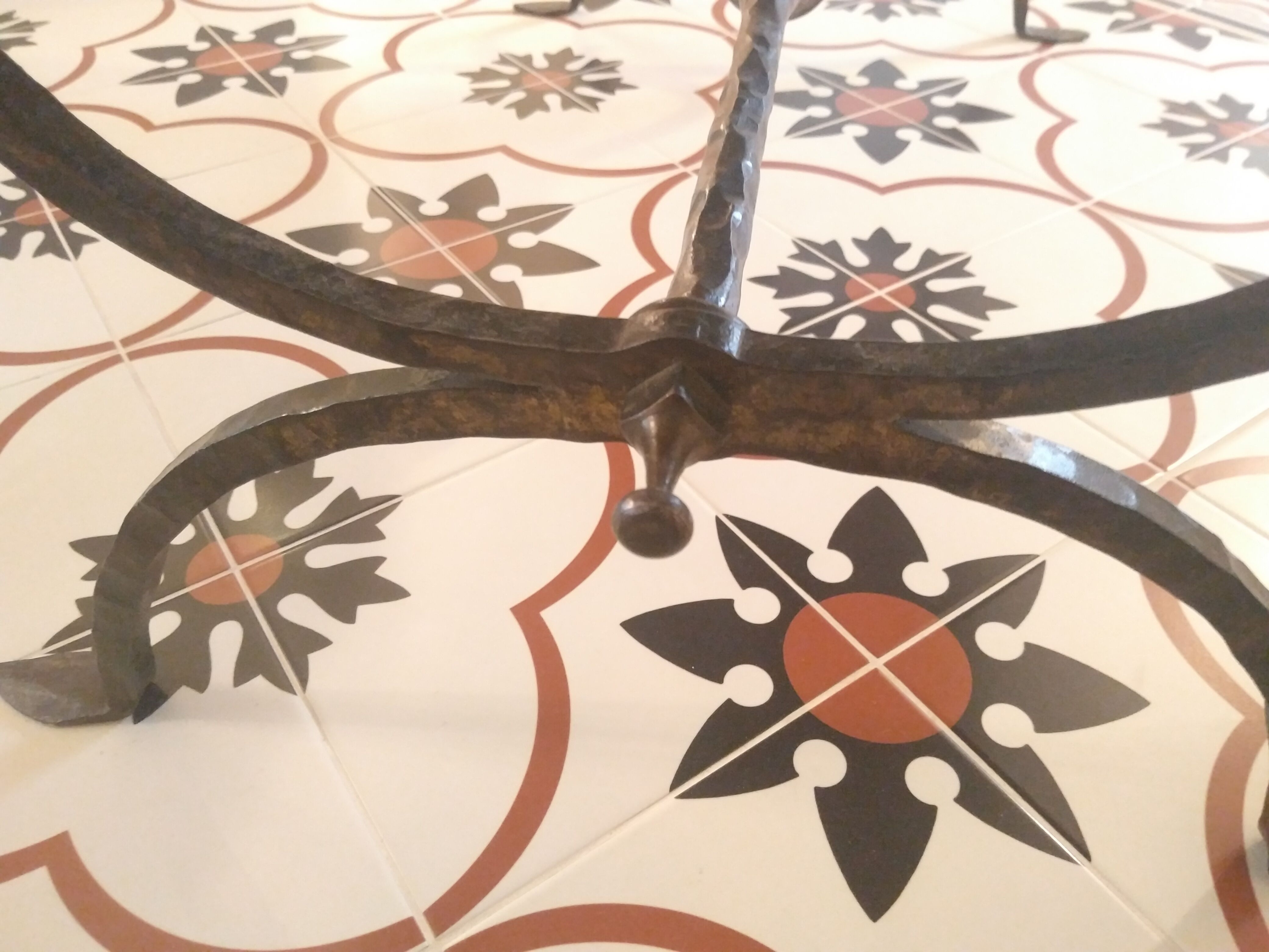 Coffee table, wooden top, wrought iron legs