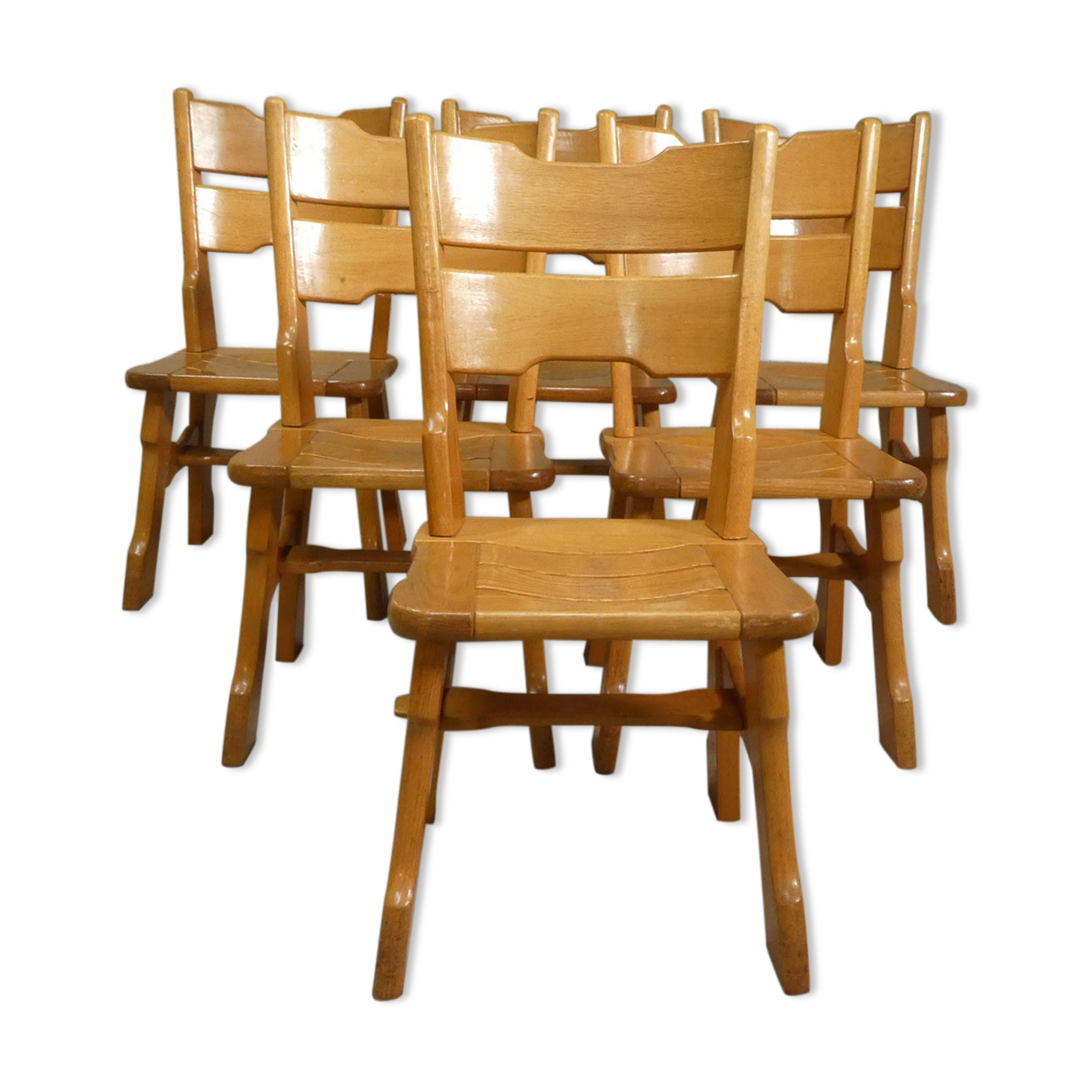 series of 6 brutalist chairs in blond oak, 1970