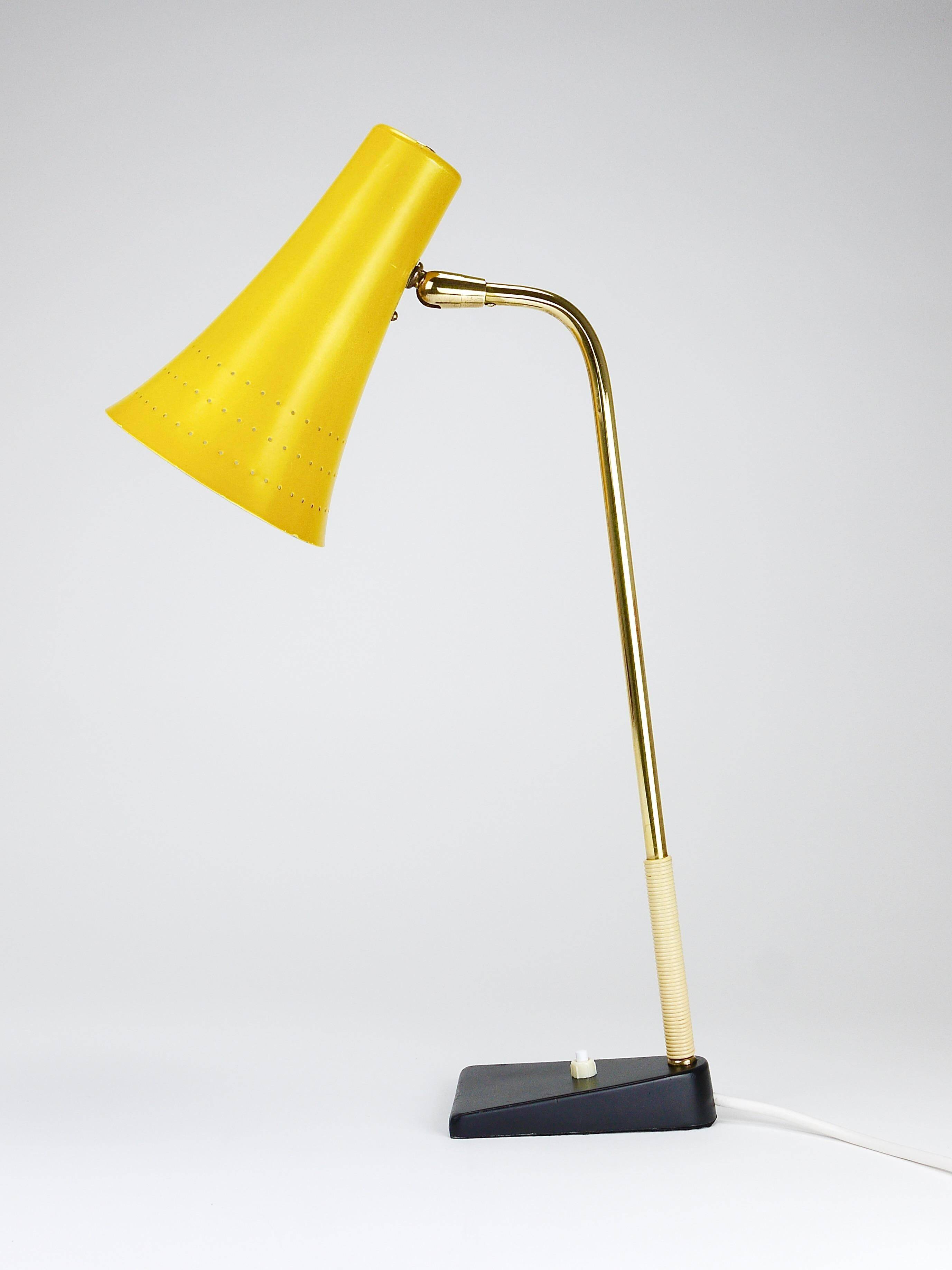 Yellow desk, table or accent lamp by J.T. Kalmar, brass and iron, Vienna, Austria, 1950s.