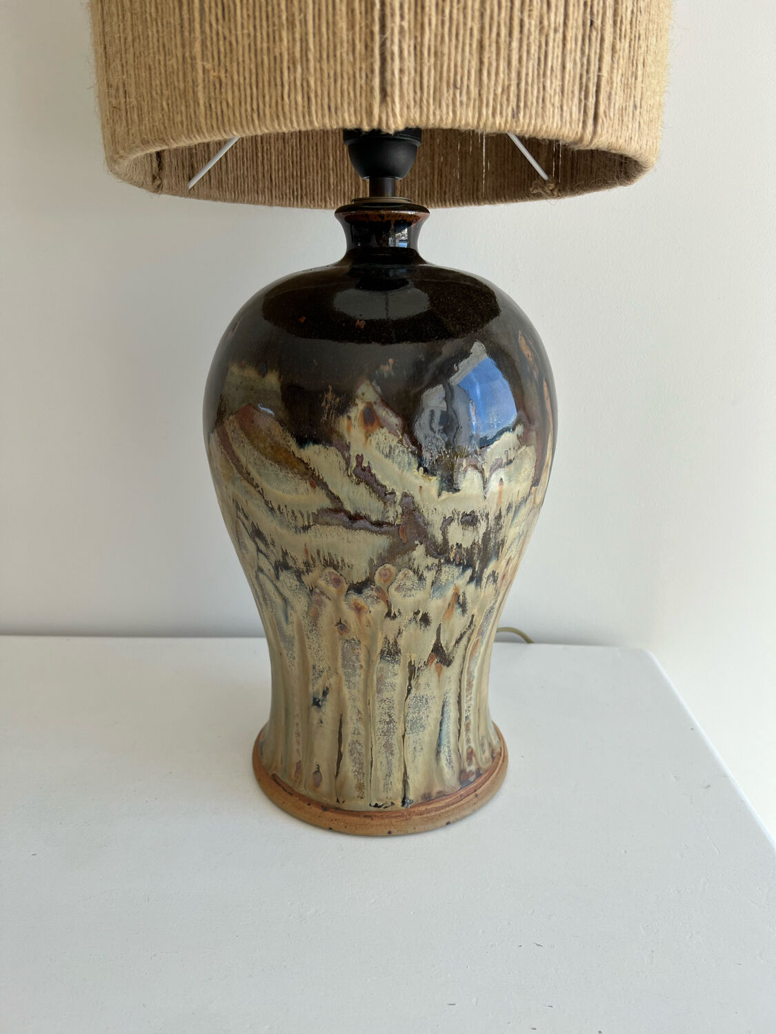 Flamed stoneware lamp and rope lampshade