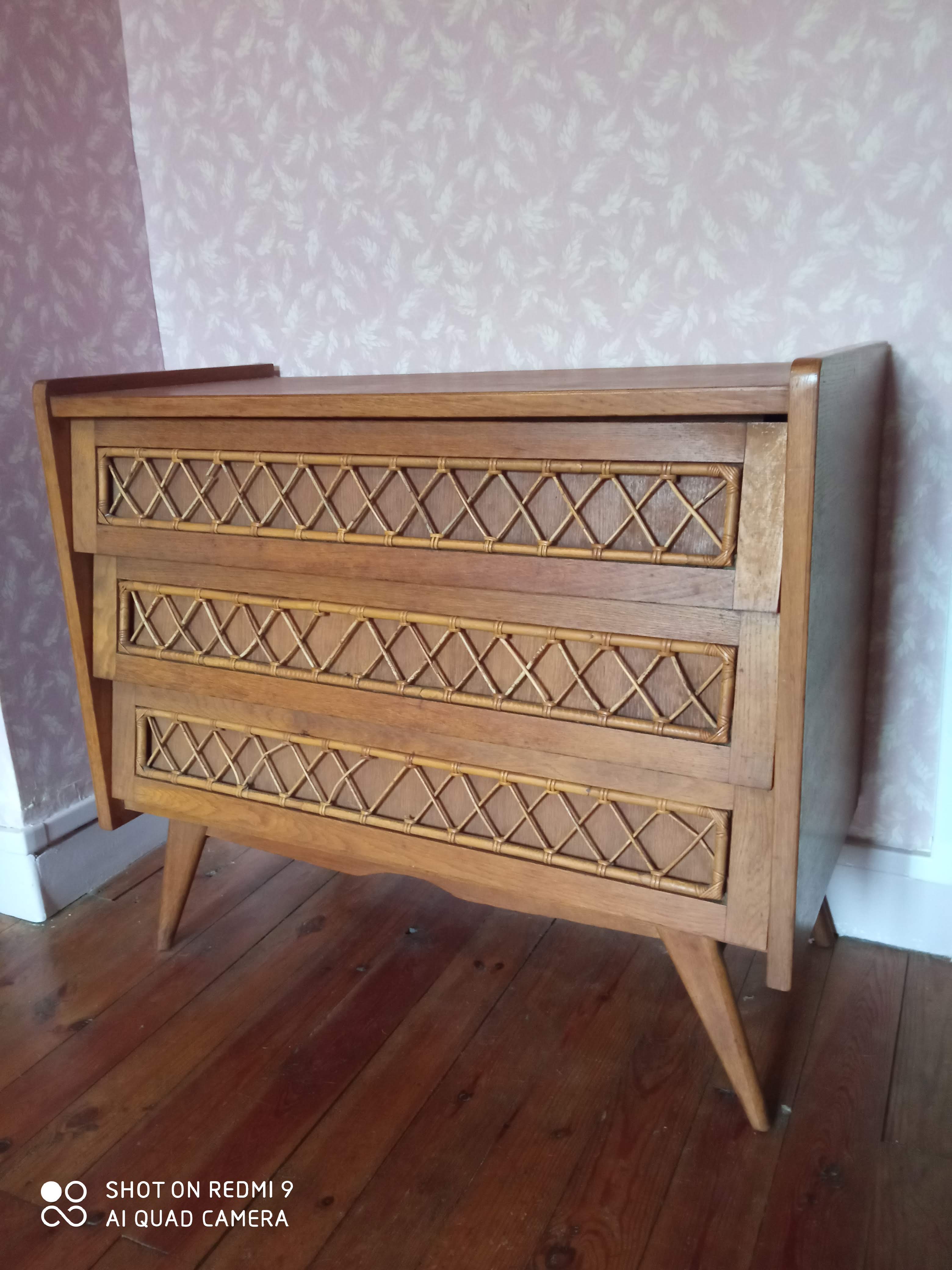 Dresser in blond wood and rattan 50s