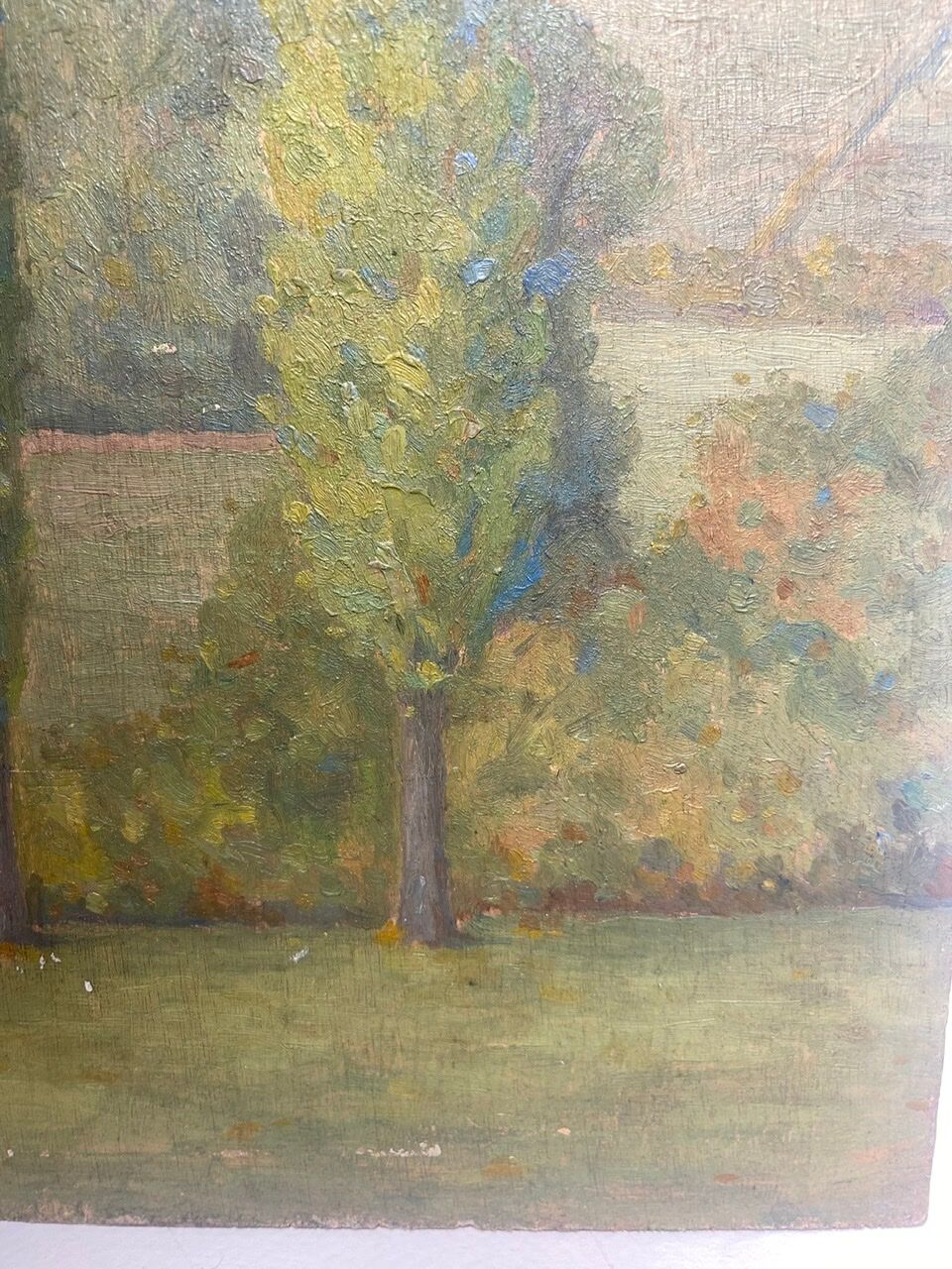 Tableau ancien, double face, paysage bord de Saône, début XX siècle