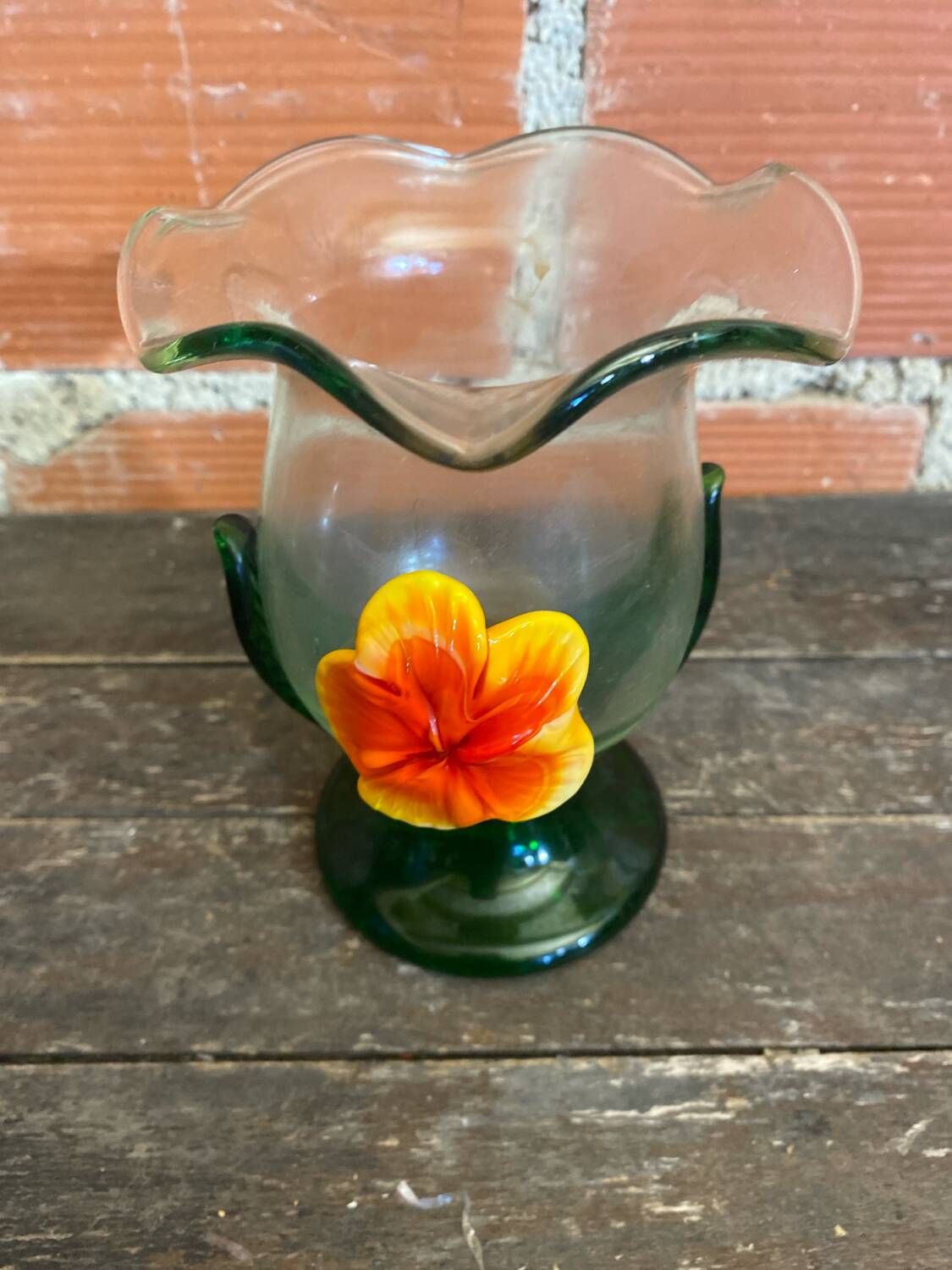 Vintage Murano Glass Vase with Orange and Yellow Flower Decoration, Italy