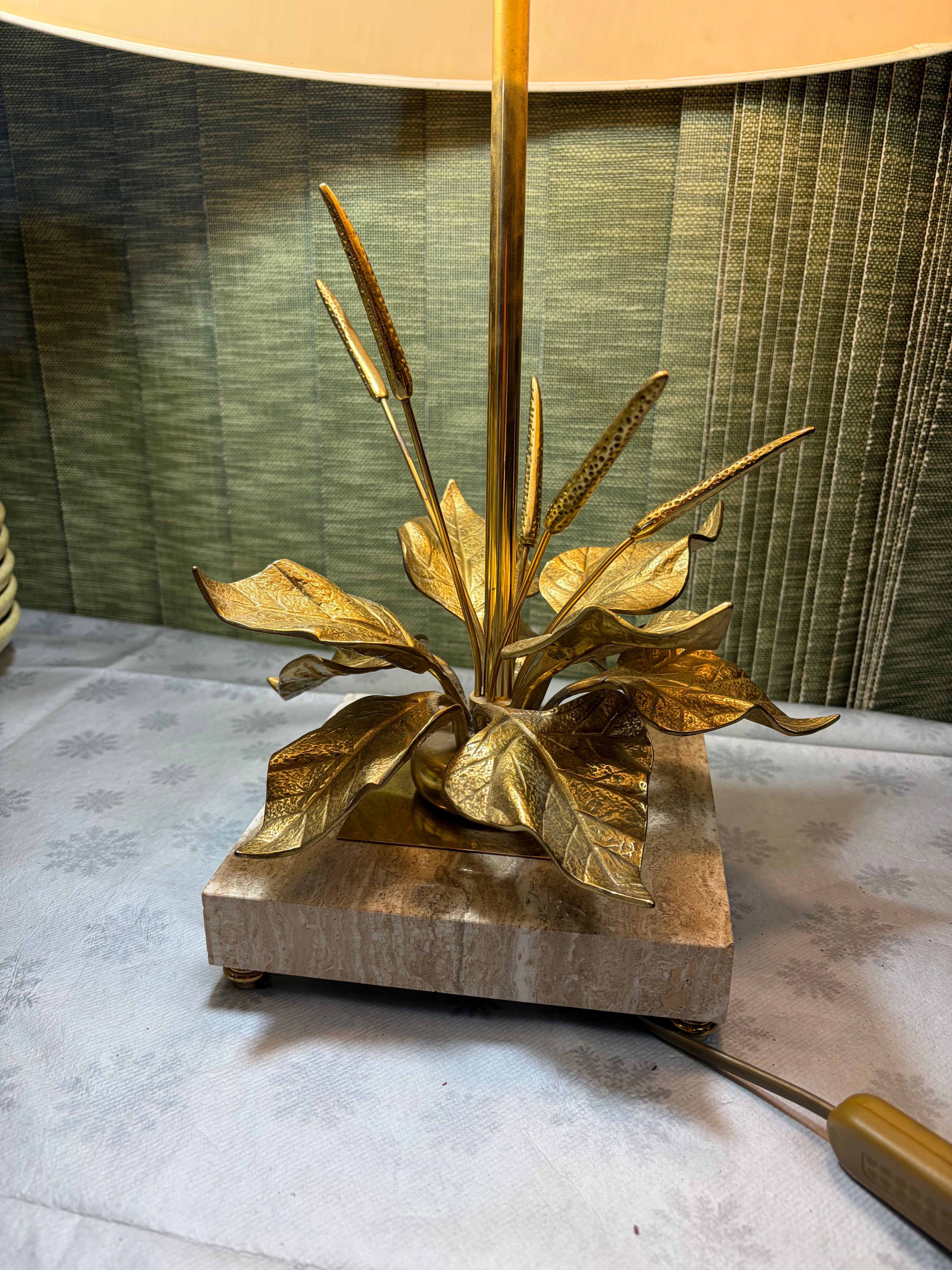 Bronze and travertine water lily lamp attributed to Maison Charles, 1970s.
