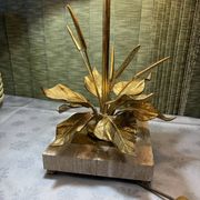 Bronze and travertine water lily lamp attributed to Maison Charles, circa 1970.