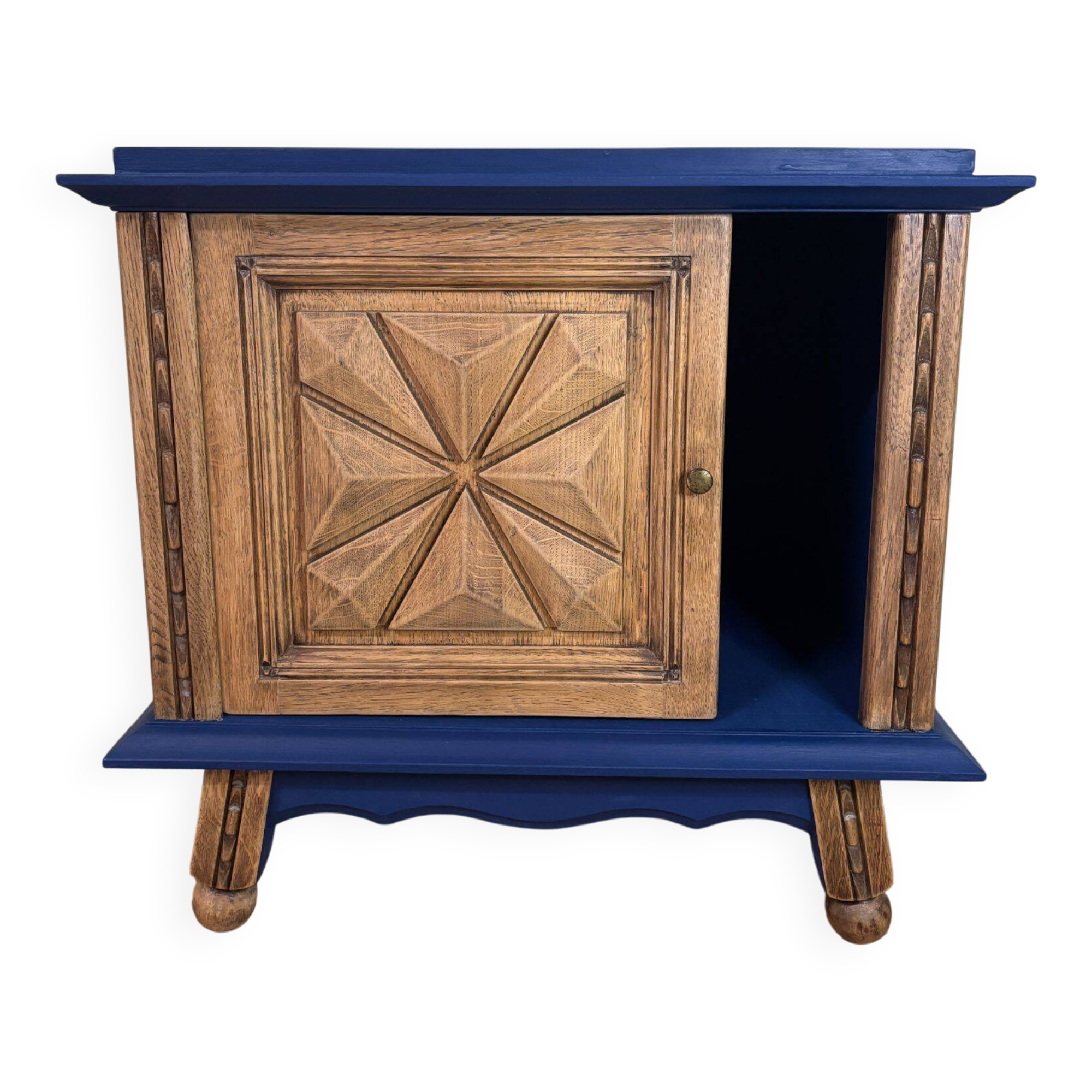 Small vintage upcycled side table in midnight blue and raw wood, with a rose-shaped door.