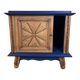 Small vintage upcycled side table in midnight blue and raw wood, with a rose-shaped door.