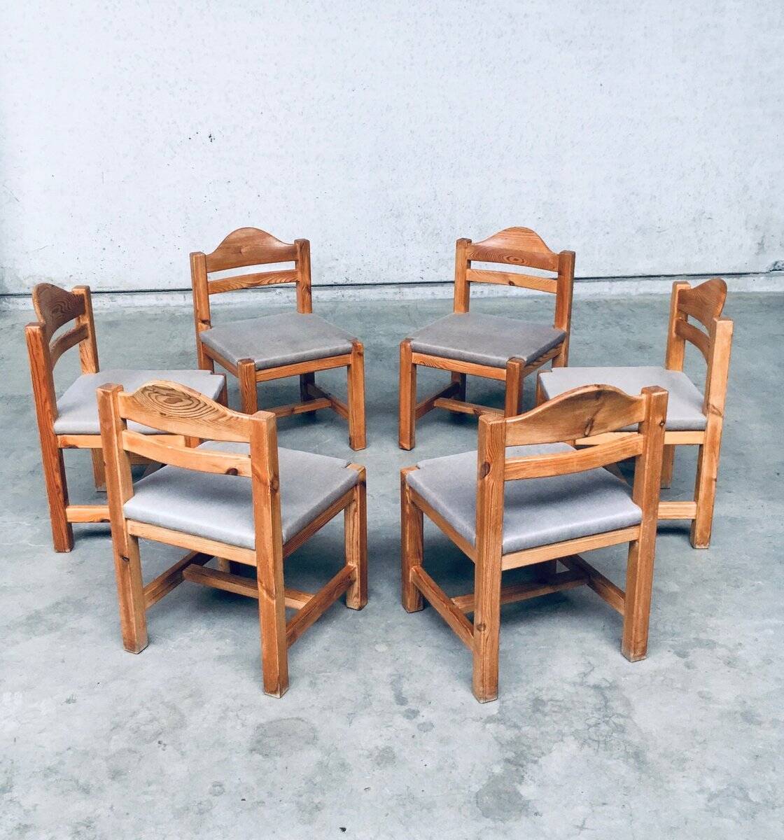 Brutalist Square Model Pine Dining Chairs, 1970s, Set of 6