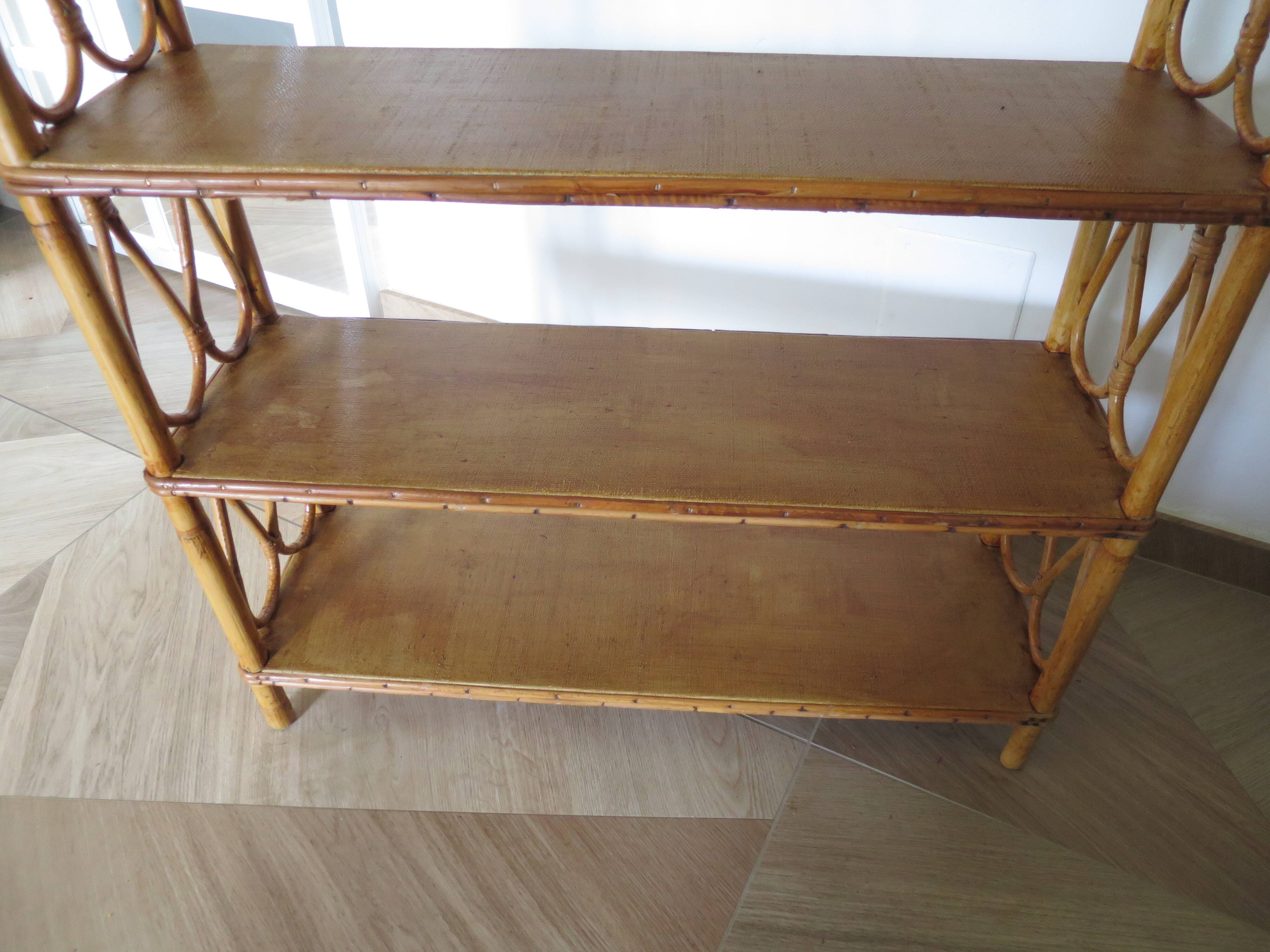 Wooden and rattan bookcase, 1970s-1980s