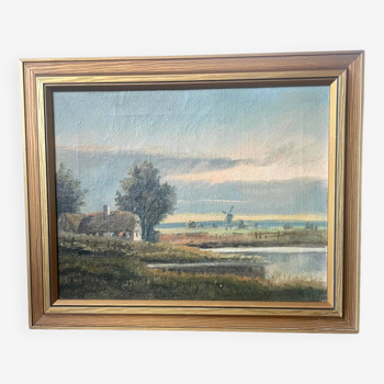 Huile de paysage vintage sur toile avec cadre en bois