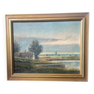 Huile de paysage vintage sur toile avec cadre en bois