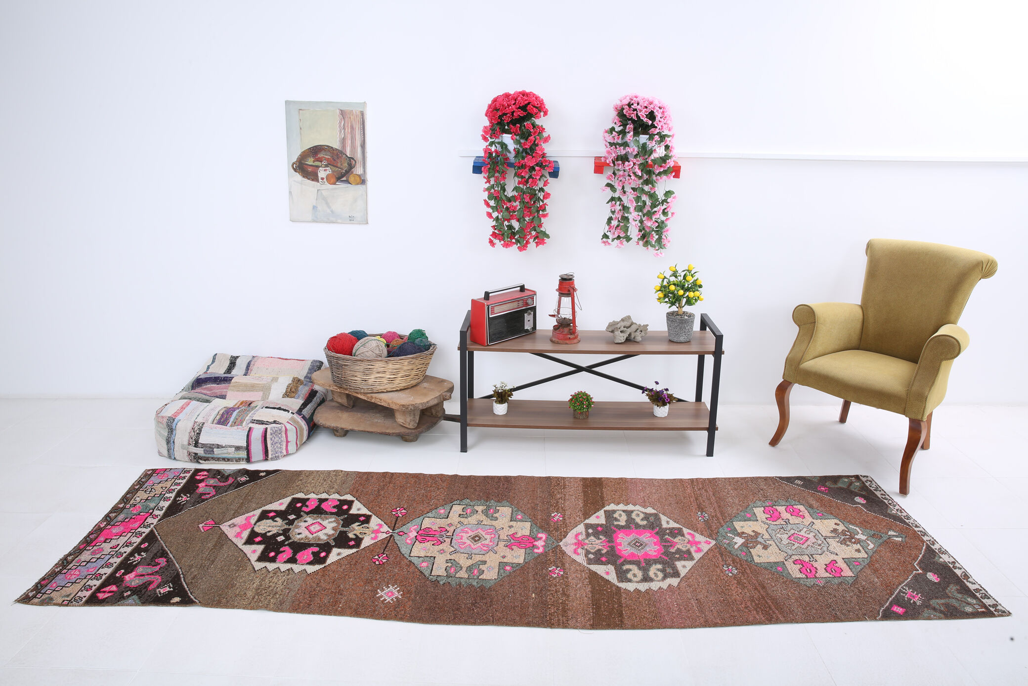 Geometric brown oushak runner rug, 97x326cm
