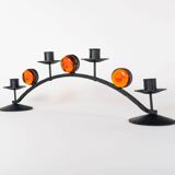 1970s Swedish Wrought Iron Candlestick with Orange Lindshammar Glass