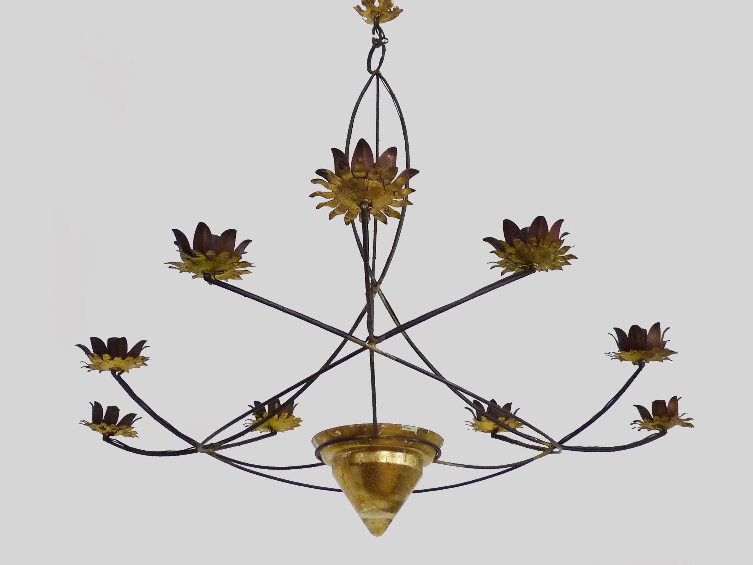 Very large chandelier with 9 metal bulbs and gold leaf cup