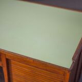 Wooden desk with curtains and sliding drawers, storage unit, vintage desk
