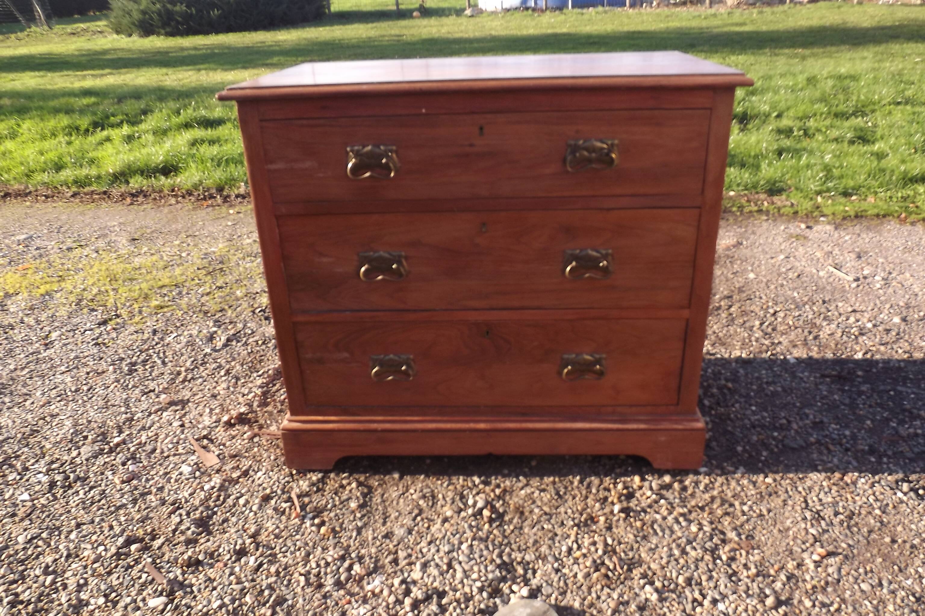 3 drawer chest of drawers walnut and brass