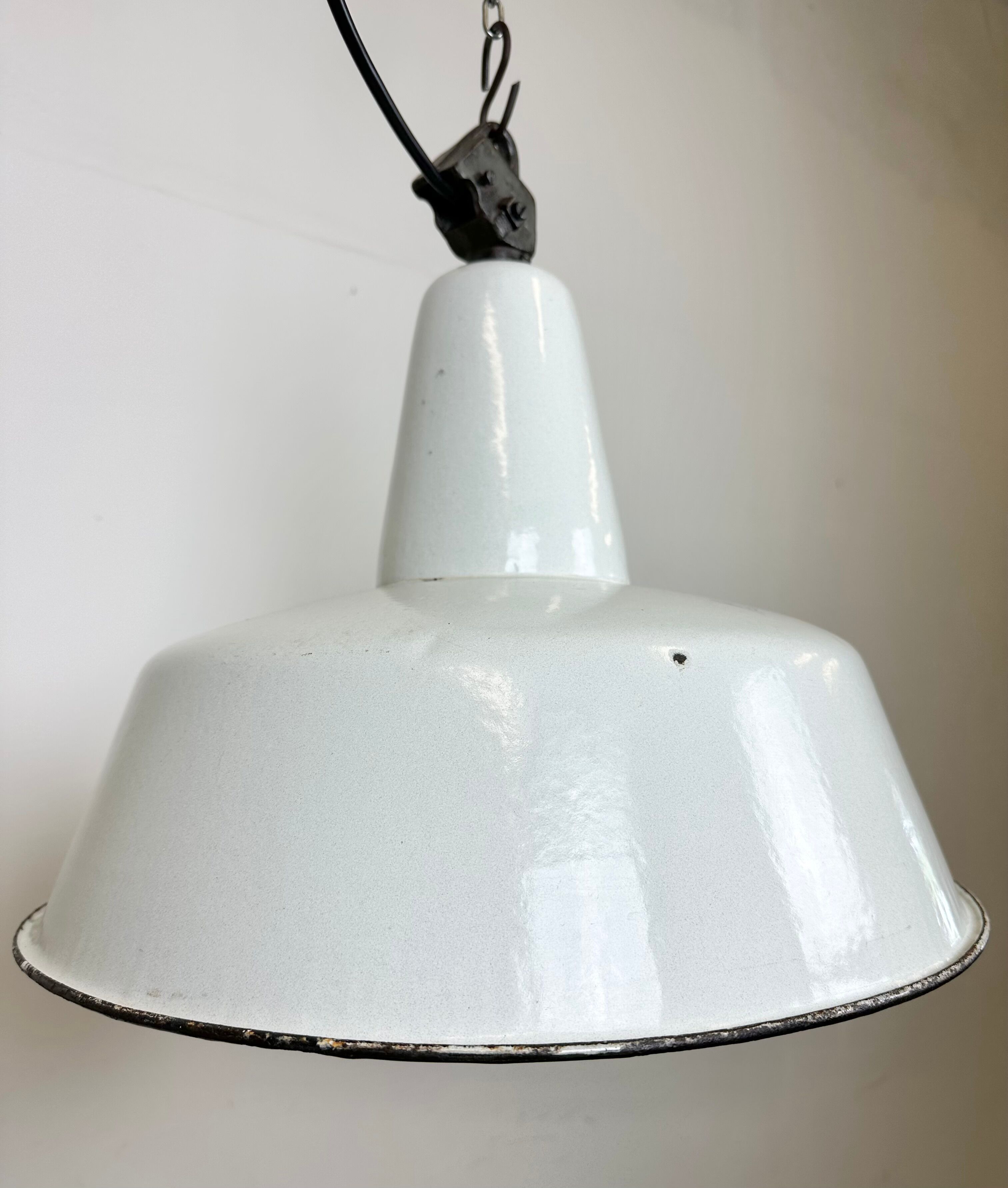 Industrial white enamel factory pendant lamp from zaos, 1960s