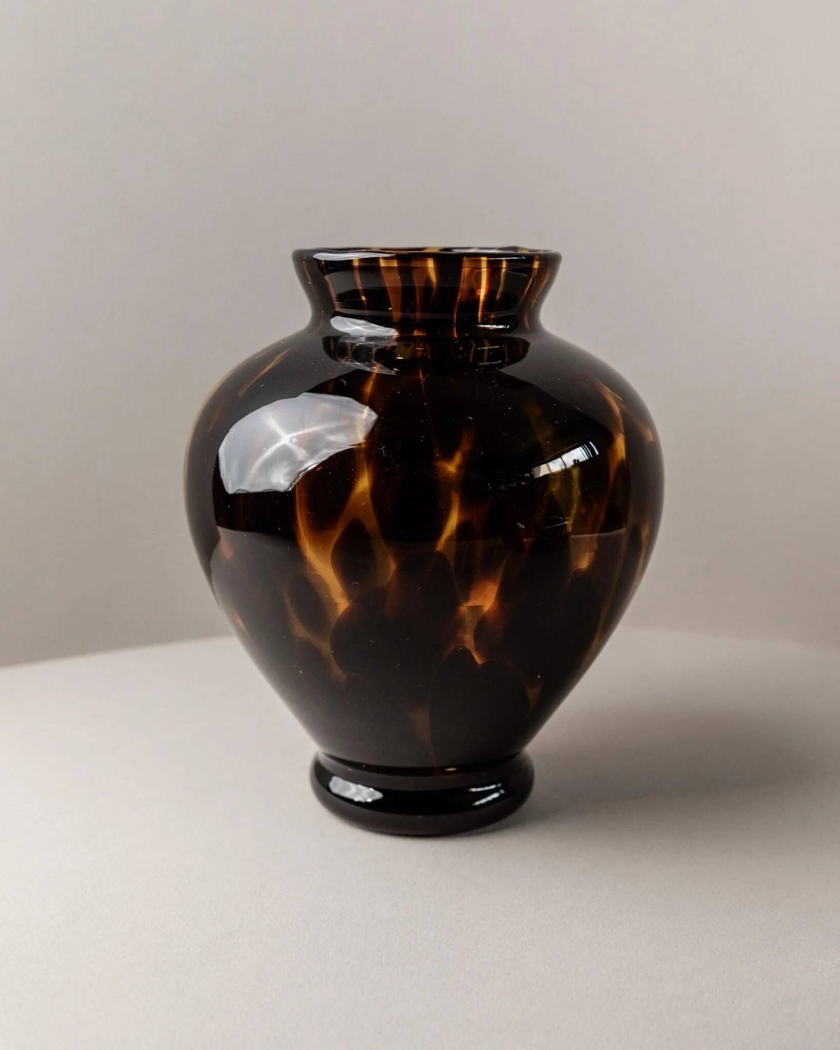 Vintage Murano Glass Vase and Bowl in Tortoise Shell Optic - Amber-Brown Glass Art