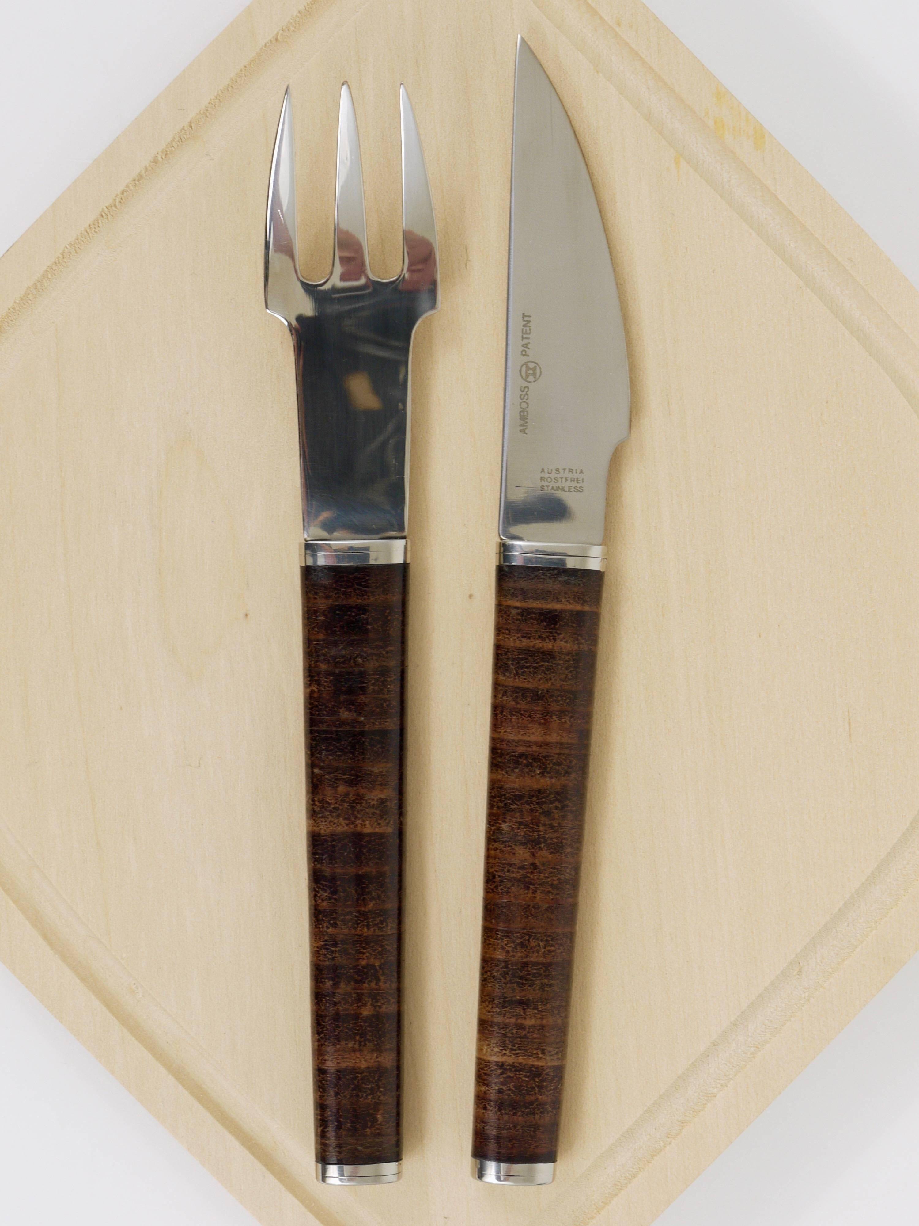 Snack set János Megyik, knife, fork and wooden board, Amboss Austria, 1970s