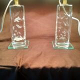 Pair of transparent glass bedside lamp bases - rectangular hologram lamp