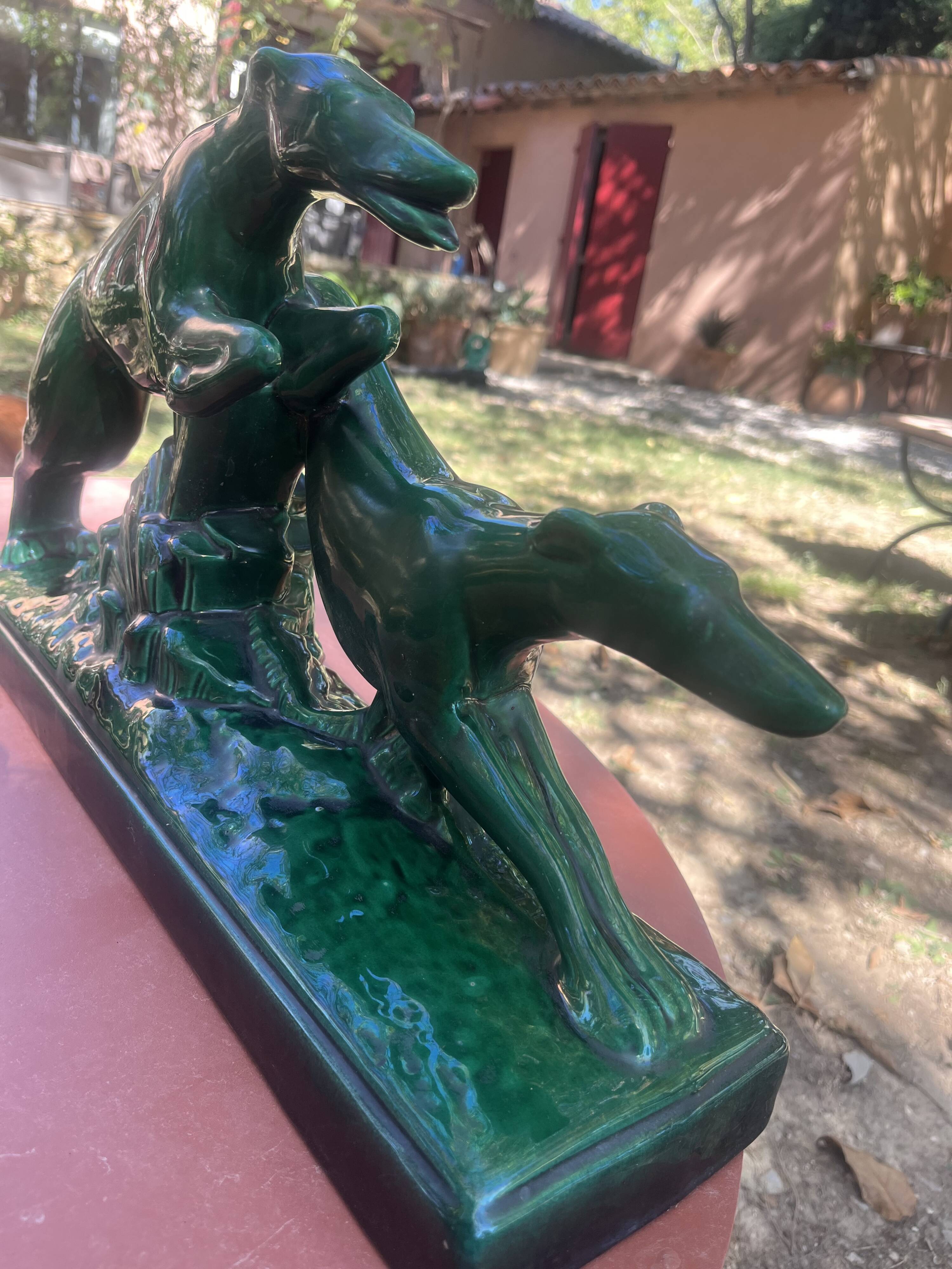 Art Deco sculpture by Charles Lemanceau, Two Greyhounds, Saint Radegonde.