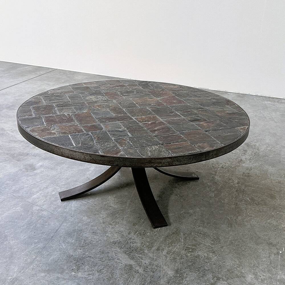 1970s round slate stone mosaic coffee table with sculptural metal base