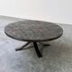 1970s round slate stone mosaic coffee table with sculptural metal base