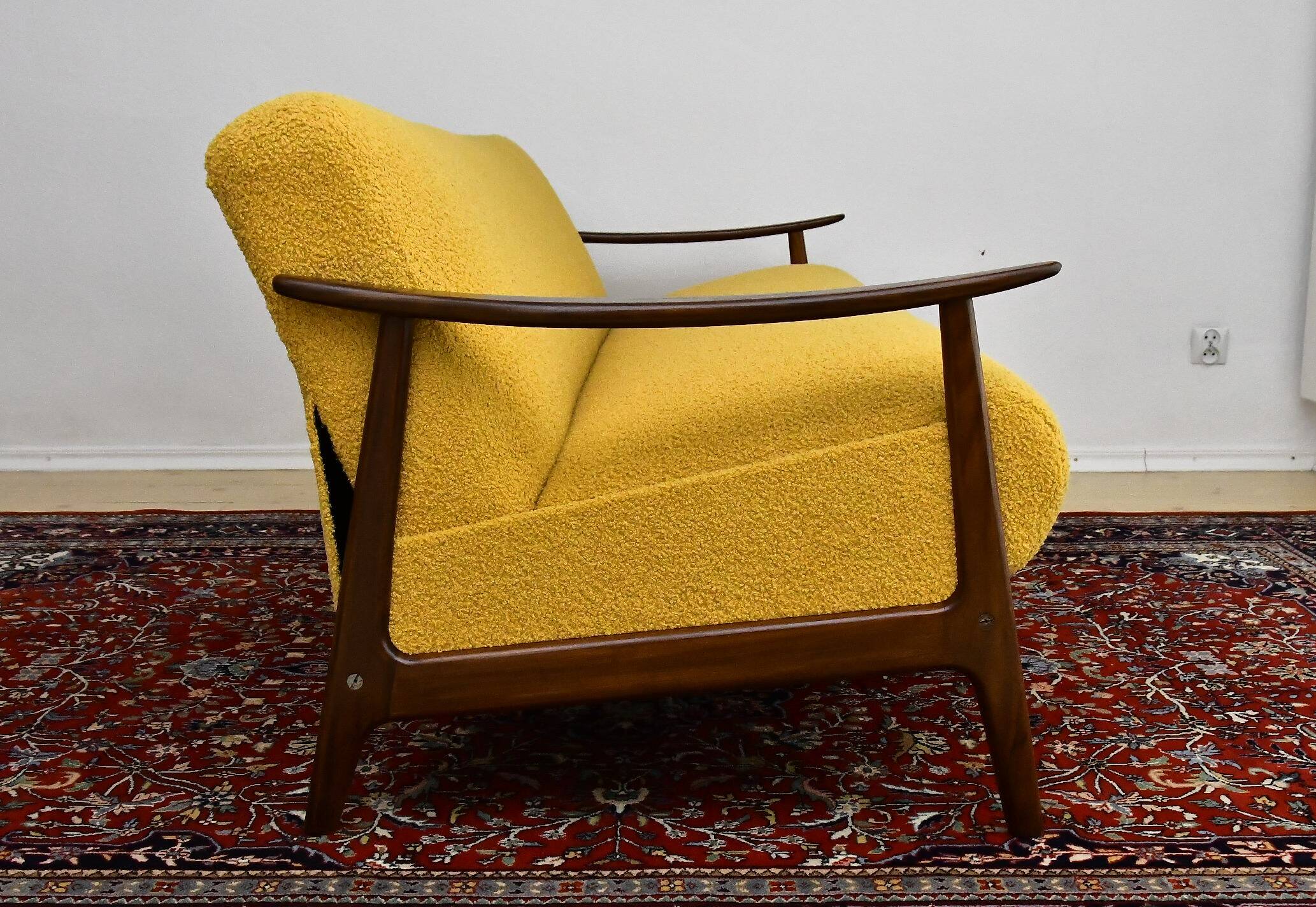 Scandinavian folding sofa in yellow curly teak, 1960s