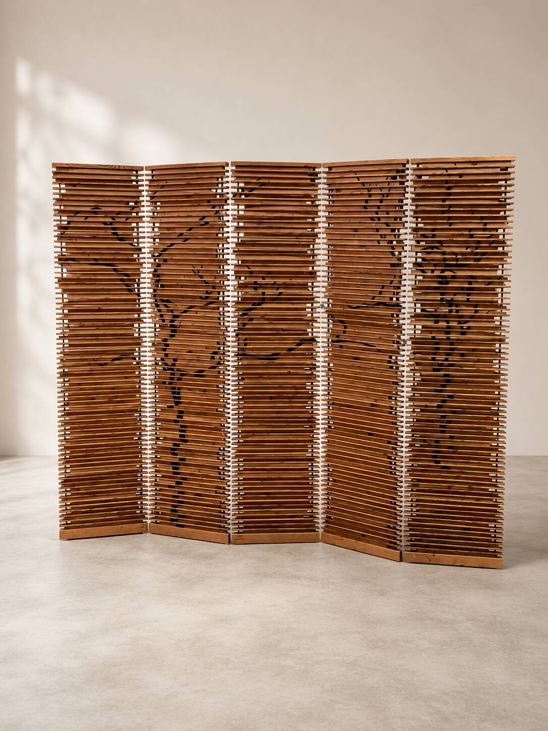 Wooden screen with slats, black plant decoration.